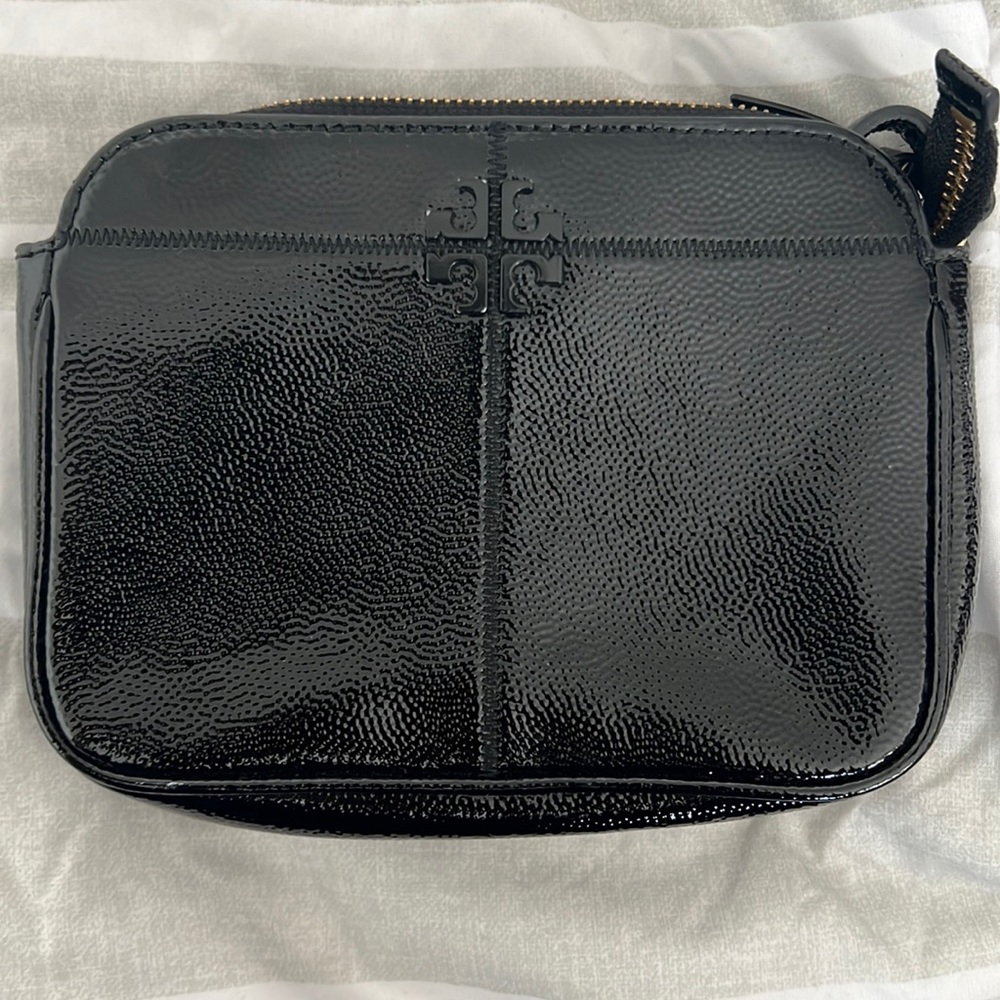 Tory Burch black patent leather pebbled crossbody with 3 compartments